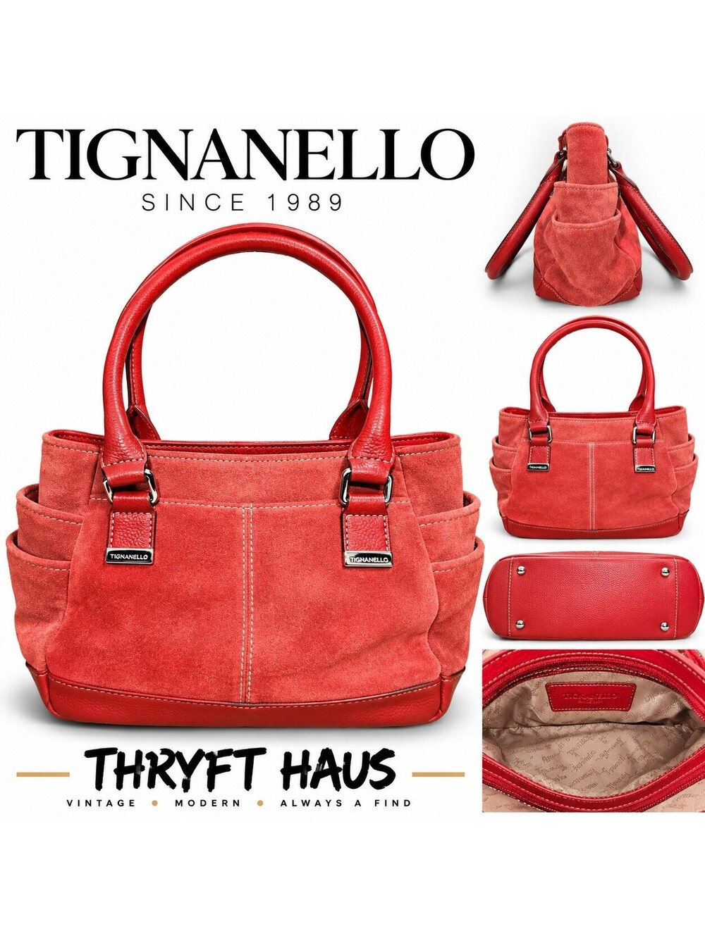 Tignanello Red Suede and Leather Satchel Handbag